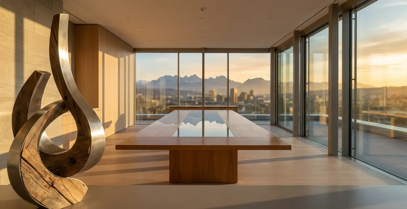 Bureau panoramique avec vue sur les Alpes suisses symbolisant les opportunités d'acquisition