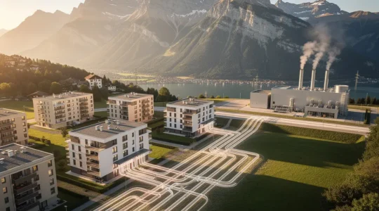 Vue d'ensemble d'un quartier résidentiel suisse moderne connecté à un réseau de chauffage à distance, avec conduites souterraines visibles et bâtiments écologiques