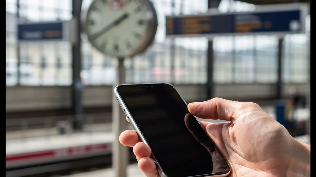 Main tenant un smartphone dans un environnement de gare suisse moderne avec horloge CFF floue en arrière-plan