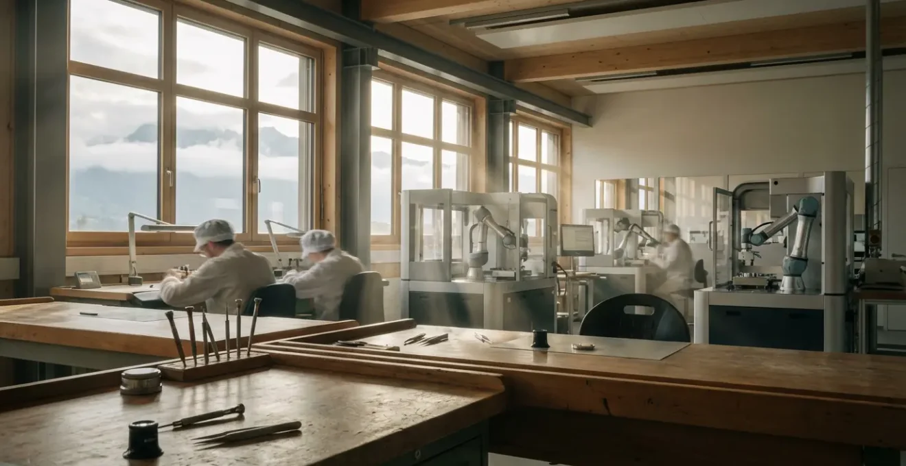 Vue panoramique d'un atelier horloger moderne mêlant tradition et technologie dans l'Arc jurassien suisse