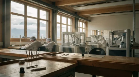 Vue panoramique d'un atelier horloger moderne mêlant tradition et technologie dans l'Arc jurassien suisse