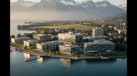 Vue aérienne de l'Arc lémanique avec le lac et les centres de recherche au premier plan