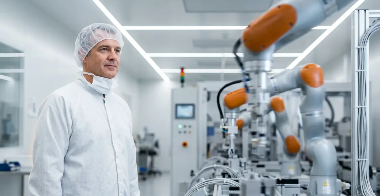 Environnement de production high-tech suisse avec bras robotiques et opérateur supervisant les processus