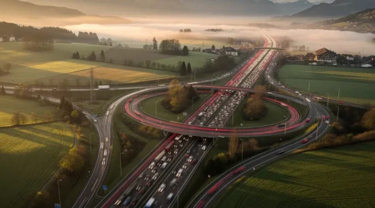 Vue aérienne de l'autoroute A1 avec circulation dense au lever du soleil, près de Härkingen