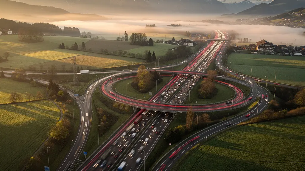 Vue aérienne de l'autoroute A1 avec circulation dense au lever du soleil, près de Härkingen