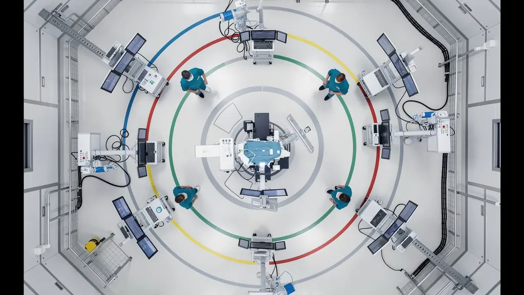 Vue aérienne d'un bloc opératoire moderne avec robot chirurgical au centre et équipe médicale organisée autour