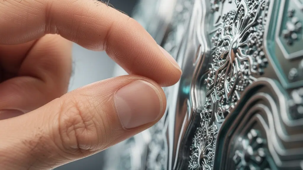 Vue macro détaillée d'une main humaine et d'un circuit imprimé abstraits symbolisant la collaboration humain-machine