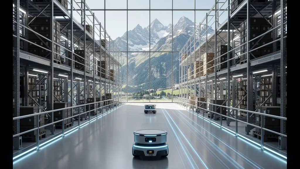 Vue spectaculaire d'un entrepôt automatisé suisse moderne avec robots en action et l'arc alpin en arrière-plan