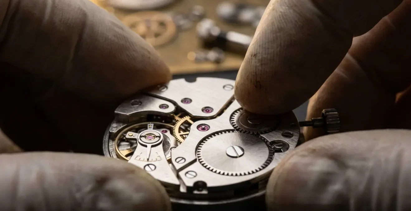 Gros plan sur des mains d'artisan travaillant sur un mécanisme d'horlogerie suisse de précision