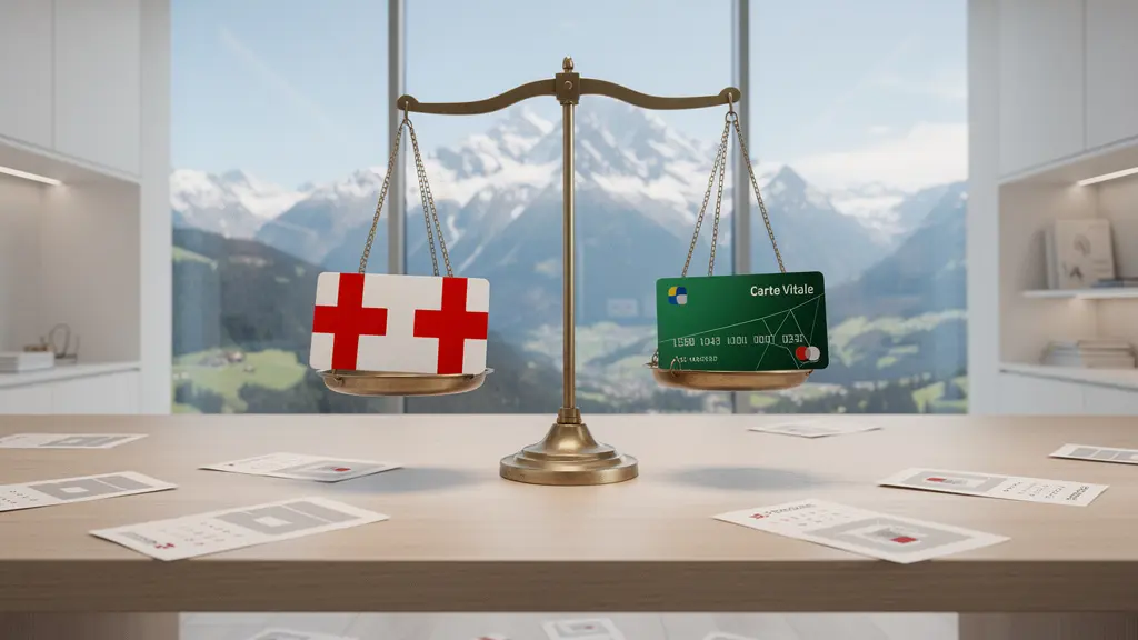 Balance symbolique entre système de santé suisse et français avec documents d'assurance et calendrier de télétravail