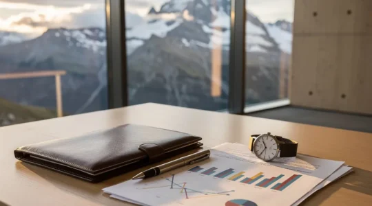 Professionnel analysant des documents de formation avec vue sur les Alpes suisses