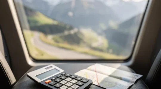 Tableau de bord moderne d'un train CFF avec vue panoramique sur les Alpes suisses et calculatrice posée sur un siège première classe