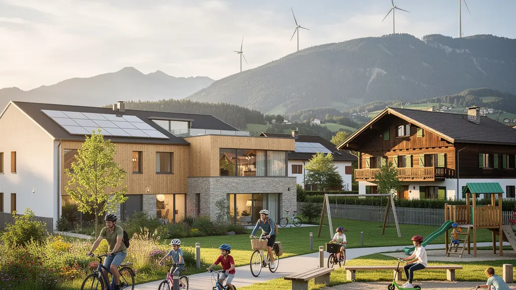 Vue panoramique d'un village jurassien avec des familles profitant d'espaces verts et montagnes en arrière-plan