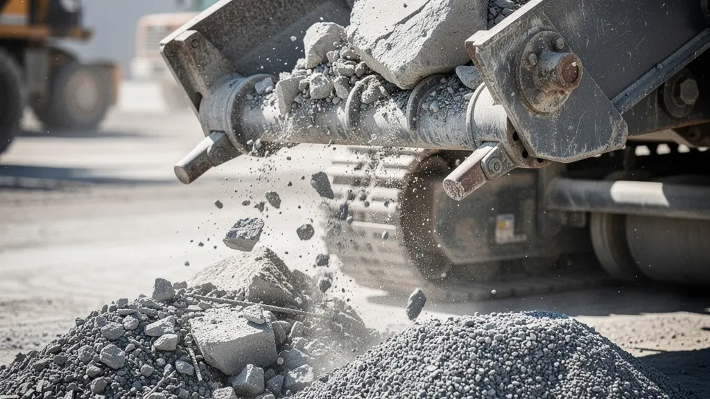 Concasseur mobile en action sur un chantier de démolition transformant les gravats en granulats recyclés