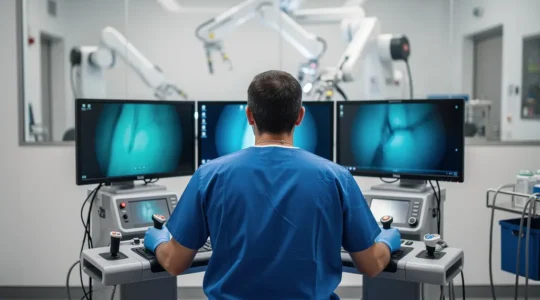 Chirurgien en blouse bleue opérant depuis une console ergonomique avec manettes de contrôle, écrans haute définition montrant une vue 3D du champ opératoire