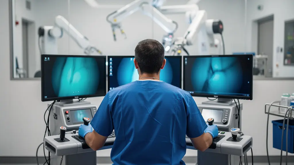 Chirurgien en blouse bleue opérant depuis une console ergonomique avec manettes de contrôle, écrans haute définition montrant une vue 3D du champ opératoire