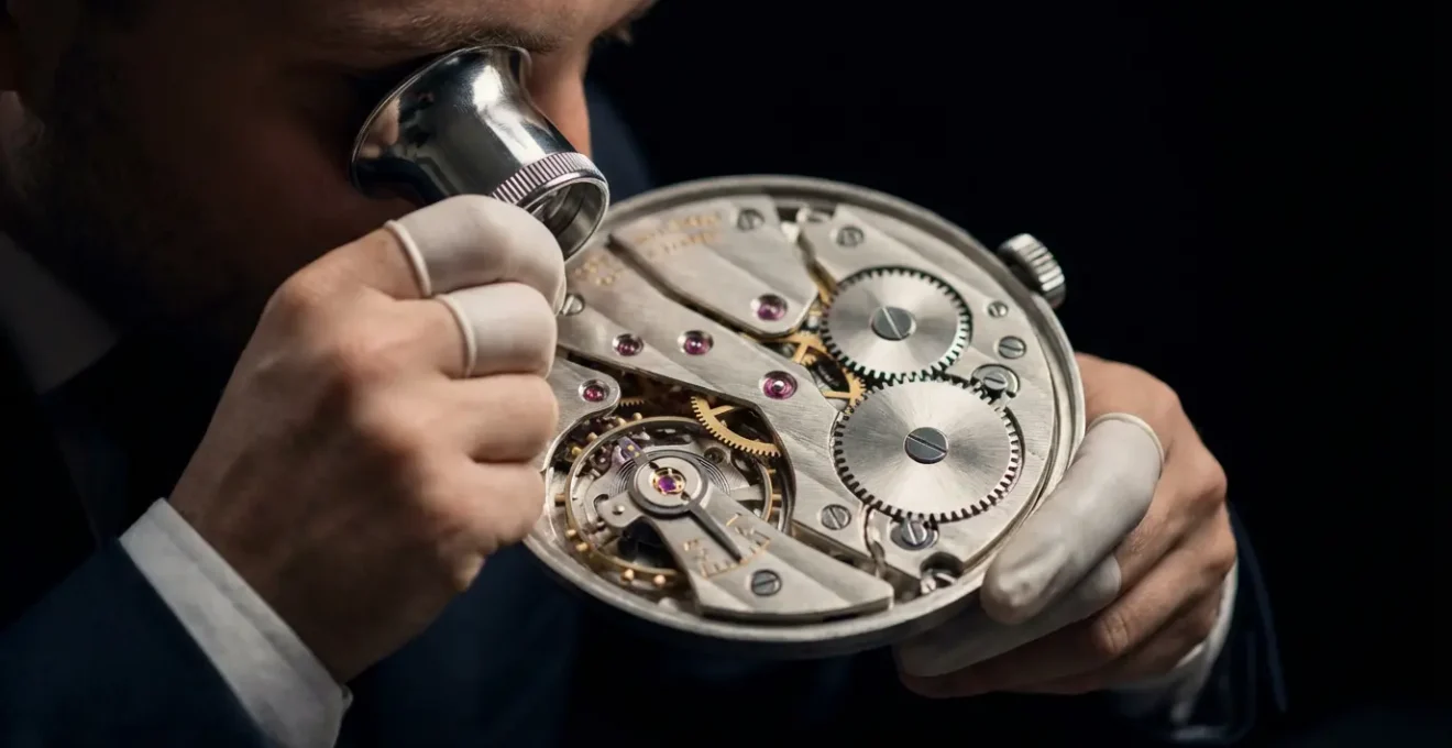 Client américain examinant une montre suisse haut de gamme avec une loupe de joaillier