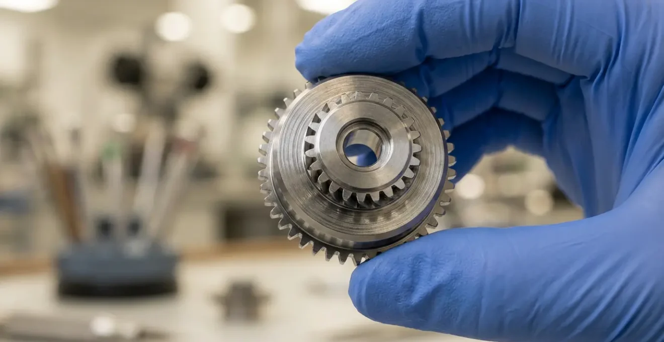 Gros plan sur des mains inspectant une pièce mécanique de haute précision dans un environnement industriel