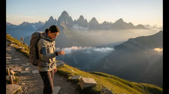 Patient diabétique avec pompe à insuline lors d'une randonnée en montagne suisse