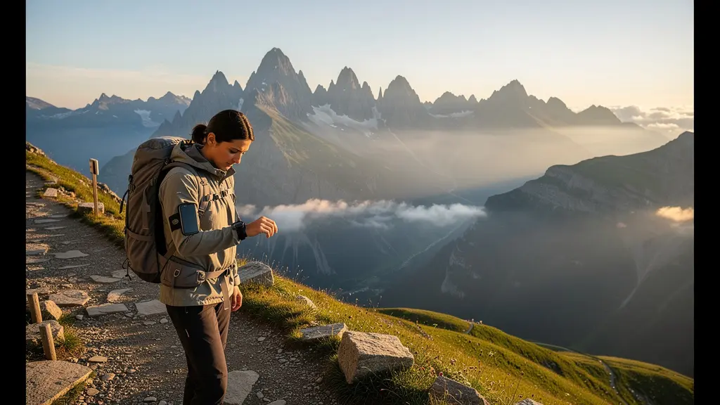 Patient diabétique avec pompe à insuline lors d'une randonnée en montagne suisse