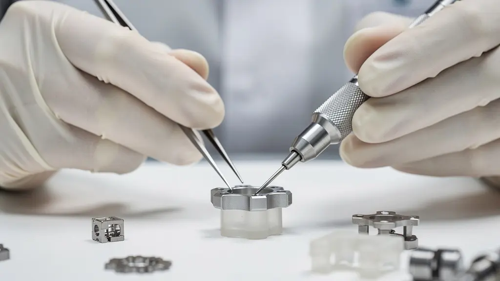 Gros plan sur des mains expertes assemblant un dispositif médical miniaturisé avec outils de précision