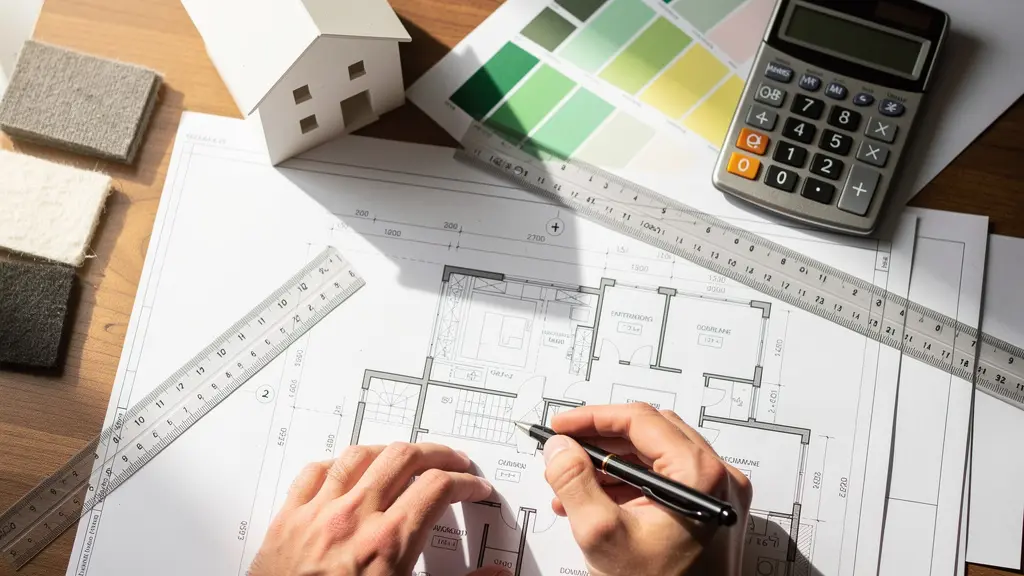 Bureau avec calculatrice et plans architecturaux pour demande de subventions énergétiques