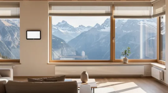 Installation domotique moderne dans un salon suisse avec vue sur les montagnes
