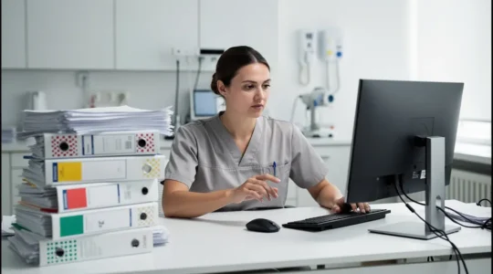 Un bureau médical moderne avec une interface numérique floue et un professionnel de santé pensif