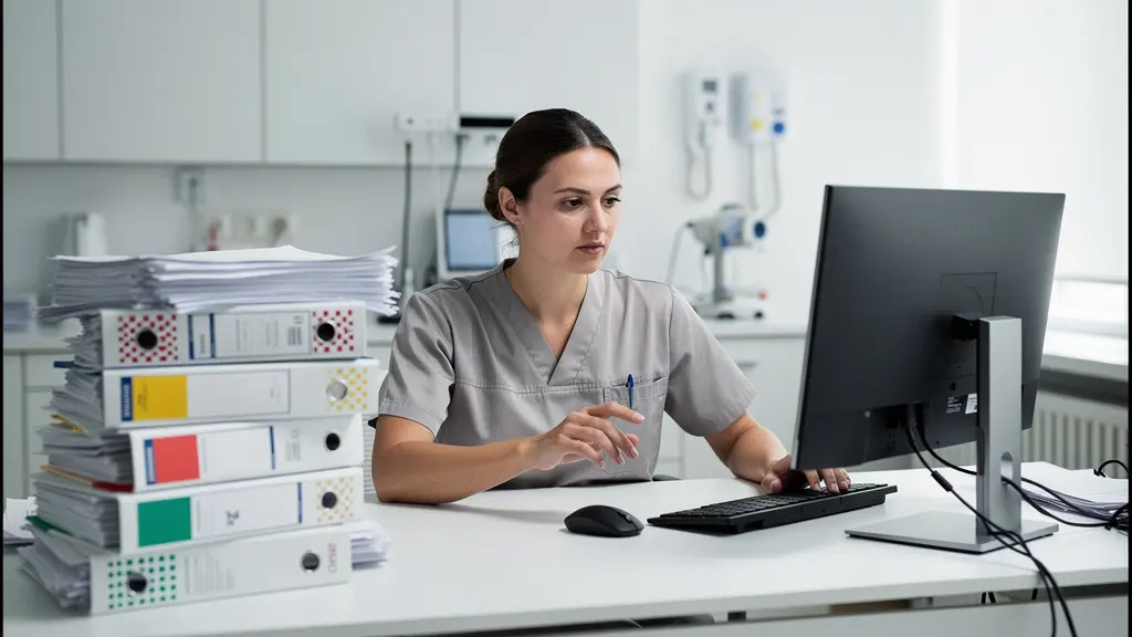 Un bureau médical moderne avec une interface numérique floue et un professionnel de santé pensif