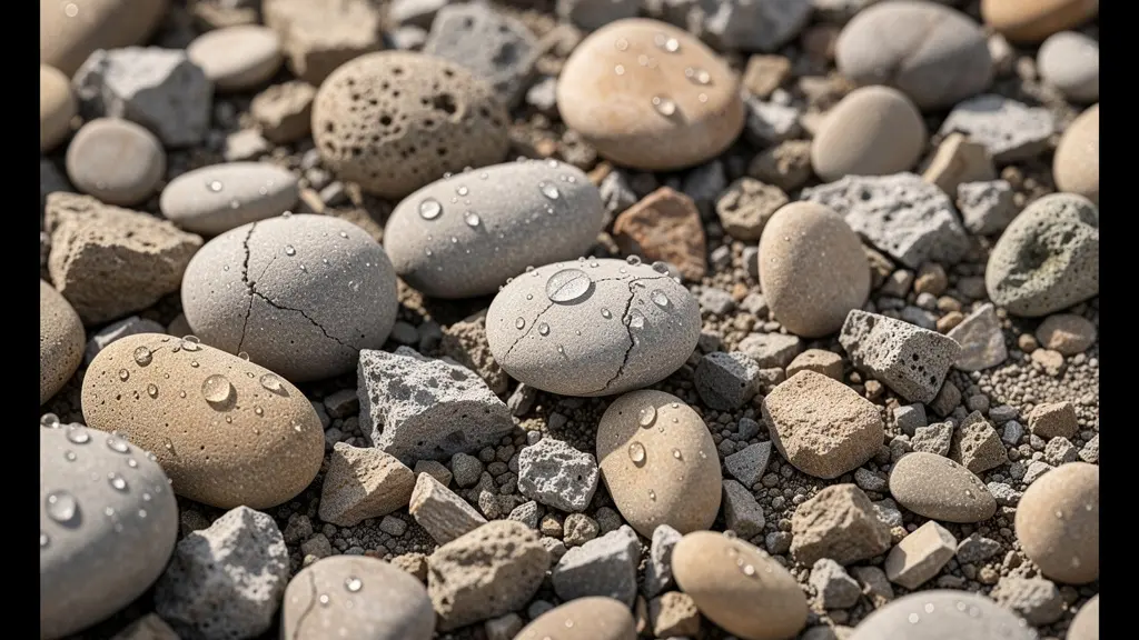 Vue macro de granulats de béton recyclé avec textures et couleurs variées montrant la diversité des matériaux