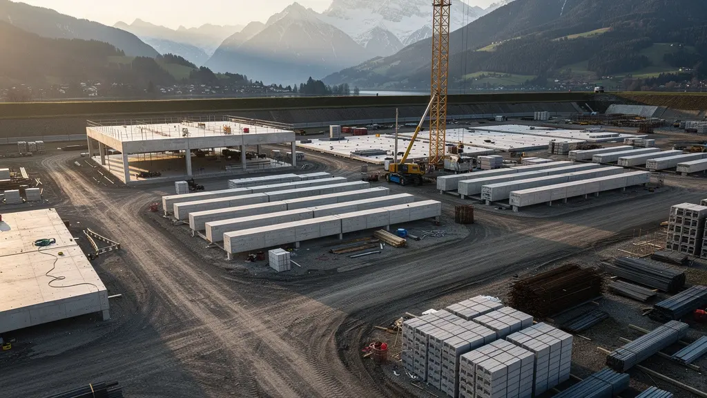 Vue aérienne d'un chantier de construction avec matériaux préfabriqués en béton et grues, symbolisant l'empreinte carbone cachée de la construction