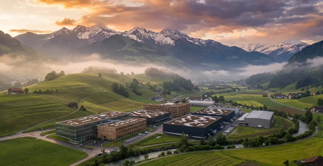 Vue aérienne d'une vallée alpine suisse avec infrastructure industrielle moderne intégrée dans le paysage naturel