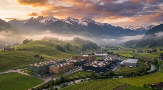 Vue aérienne d'une vallée alpine suisse avec infrastructure industrielle moderne intégrée dans le paysage naturel