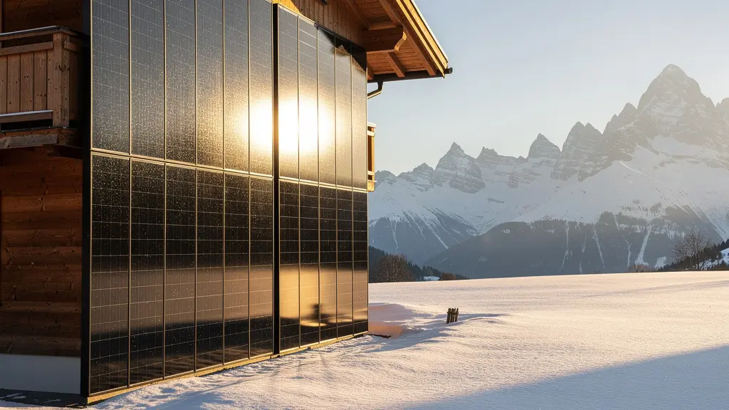 Façade solaire moderne intégrée sur un chalet suisse avec reflets de neige en hiver