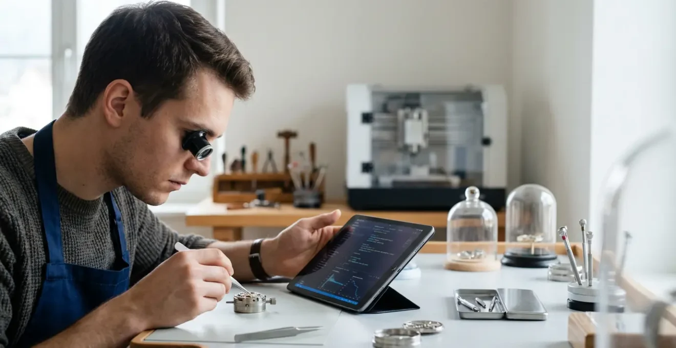 Jeune horloger travaillant simultanément sur un mouvement mécanique et une interface numérique de programmation CNC