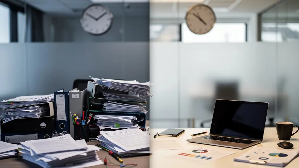 Comparaison visuelle avant-après montrant l'optimisation du temps de travail grâce à l'IA dans un bureau suisse