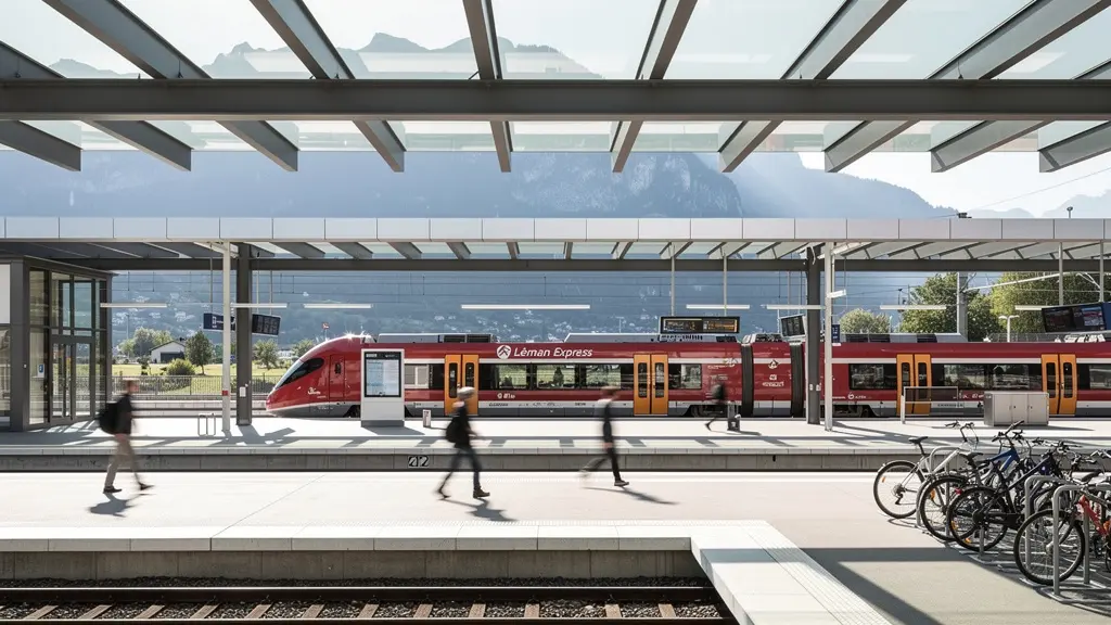Vue large d'une gare moderne du Léman Express avec voyageurs et train rouge caractéristique dans un environnement architectural contemporain