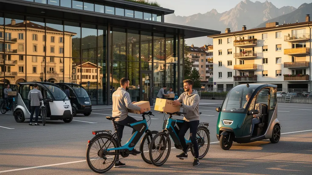Centre de distribution moderne en périphérie urbaine avec interface multimodale et véhicules électriques de livraison