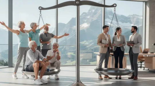 Personnes âgées et jeunes actifs en équilibre autour d'une balance symbolisant le système de répartition des retraites en Suisse