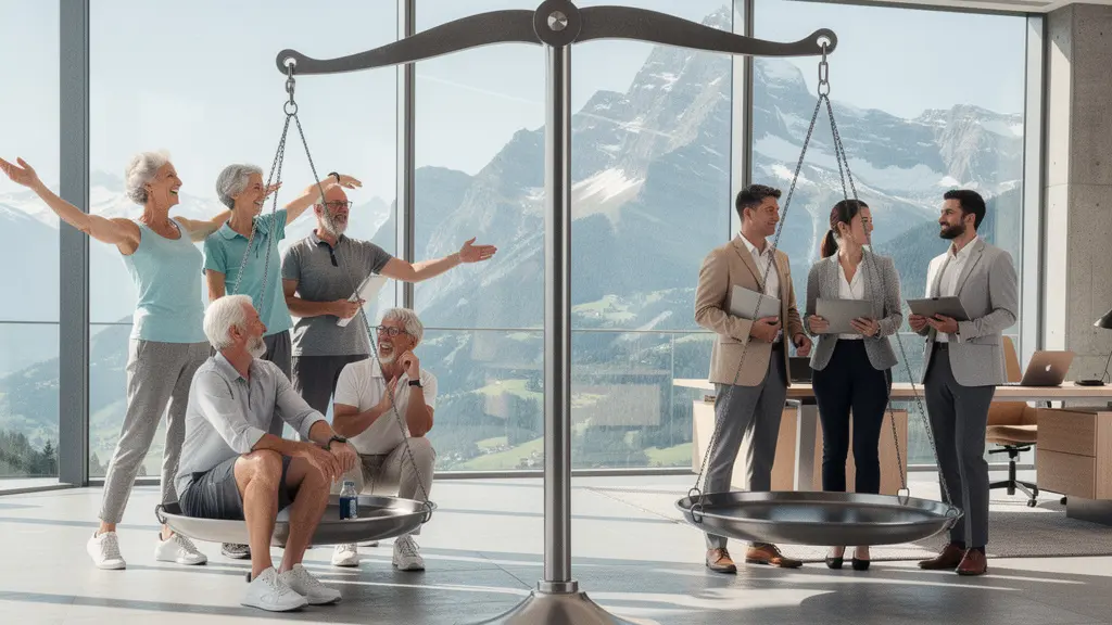 Personnes âgées et jeunes actifs en équilibre autour d'une balance symbolisant le système de répartition des retraites en Suisse