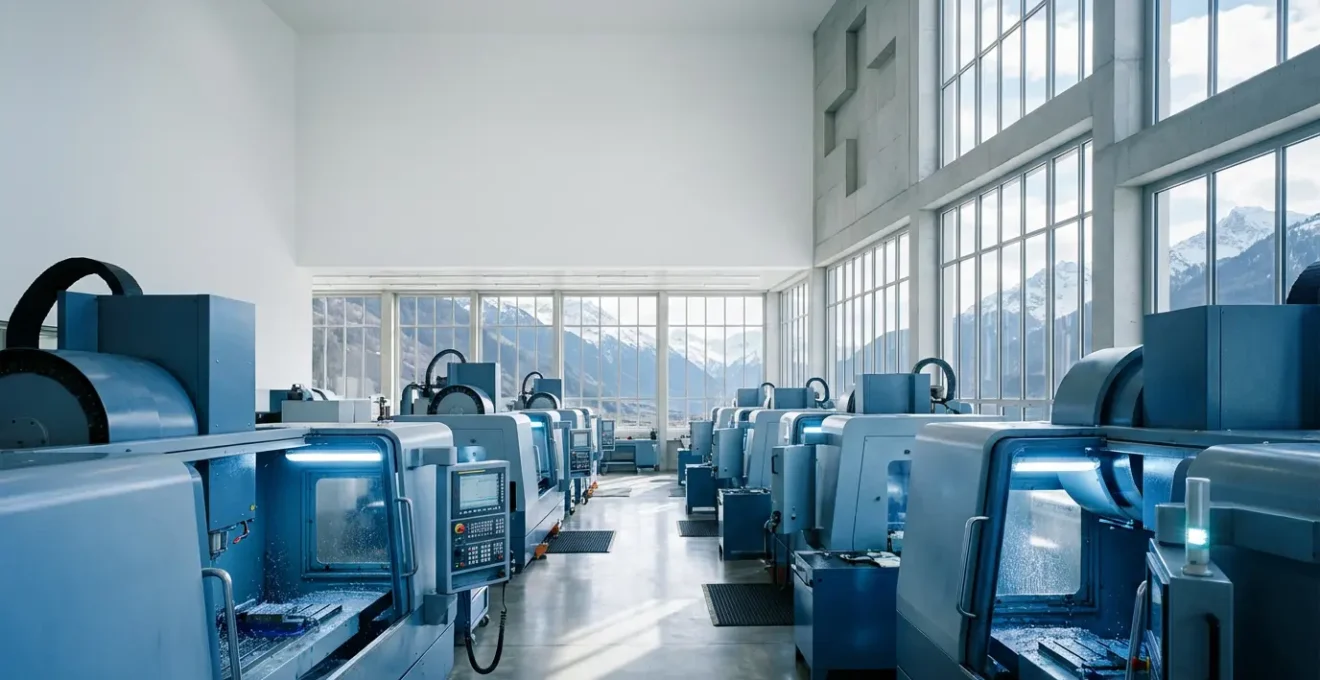 Atelier de précision suisse moderne avec machines-outils de haute technologie et montagnes alpines en arrière-plan