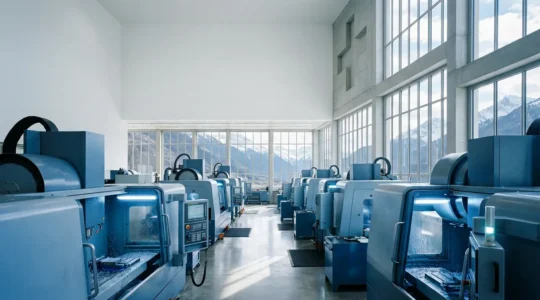 Atelier de précision suisse moderne avec machines-outils de haute technologie et montagnes alpines en arrière-plan