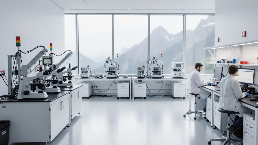 Laboratoire de recherche médtech moderne en Suisse avec équipements de haute précision