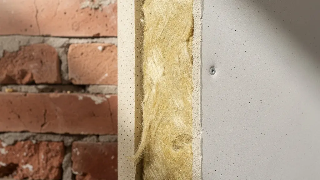 Coupe transversale d'un mur avec différentes couches d'isolation phonique dans un immeuble ancien