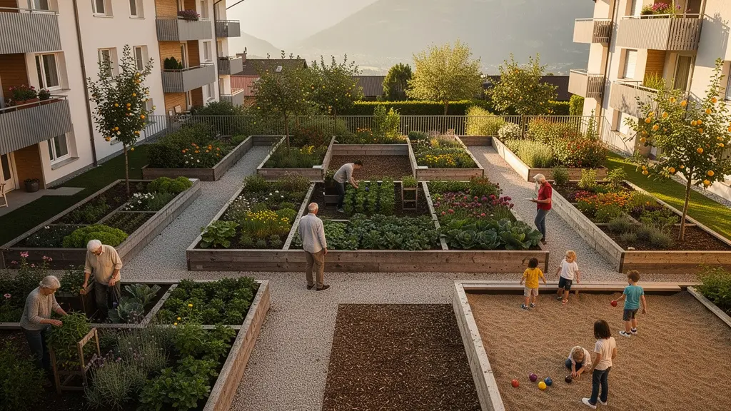 Vue aérienne d'une cour intérieure transformée en jardin partagé avec habitants de différents âges jardinant ensemble