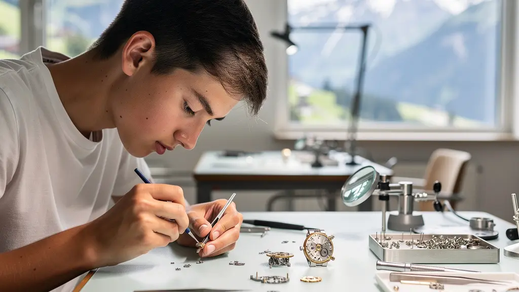 Jeune apprenti en formation dans un atelier d'horlogerie suisse, travaillant avec concentration sur un mouvement de montre