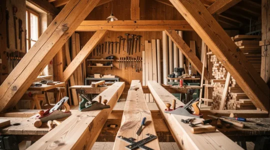 Charpente en bois suisse avec label de certification visible dans un atelier de construction traditionnel