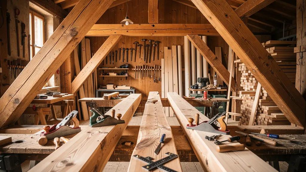 Charpente en bois suisse avec label de certification visible dans un atelier de construction traditionnel