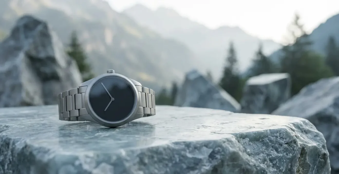 Produit de luxe suisse avec label Swiss Made dans un environnement alpin élégant