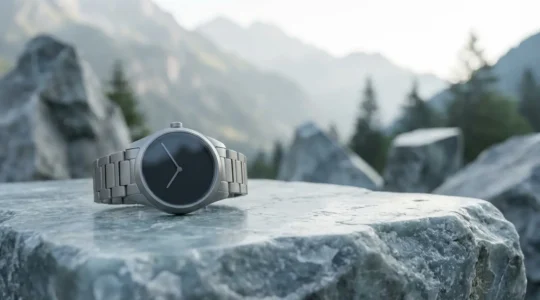 Produit de luxe suisse avec label Swiss Made dans un environnement alpin élégant